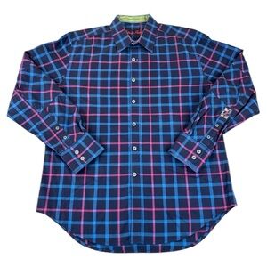 Robert Graham Blue Plaid Flip Cuffs Long Sleeve Designer Shirt Size L‎
